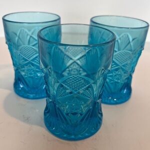 Vintage Set of 3 Pressed Glass 4 inch Aqua Blue Tumblers